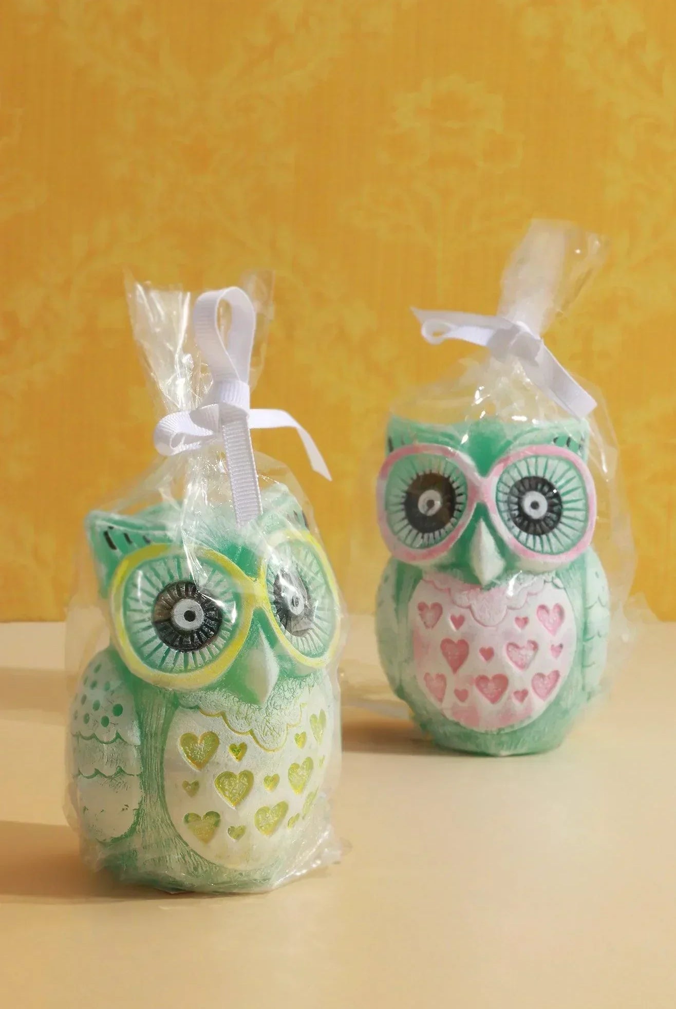 Handmade Hootique Owl Couple Candle Pink & Yellow Owls Looking For Trouble - G Decor
