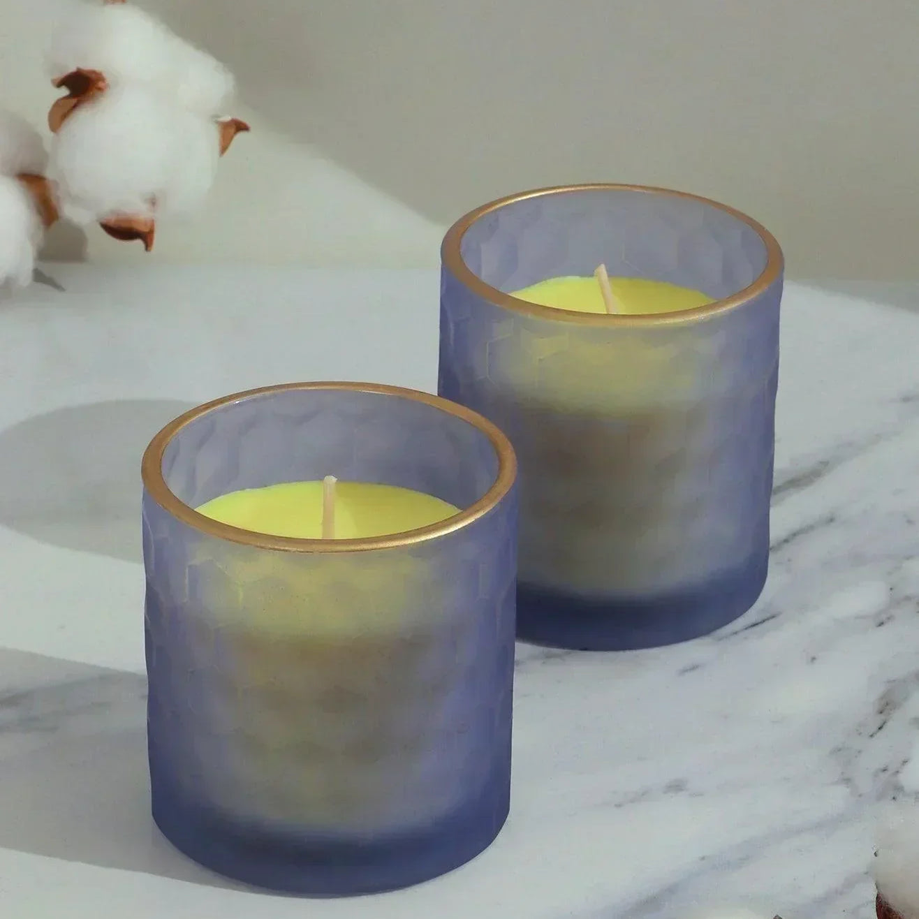 Havana Pair Scented Sandalwood Soy Wax Textured Purple Blue Glass Jars - G Decor