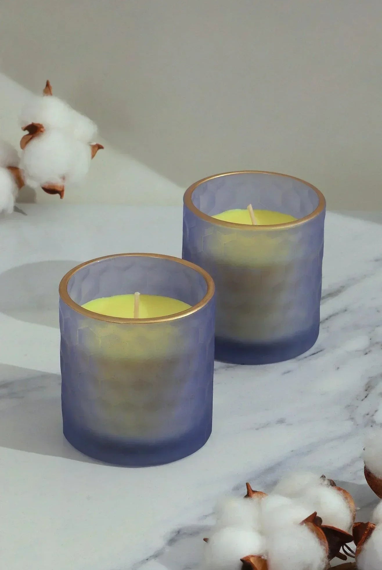 Havana Pair Scented Sandalwood Soy Wax Textured Purple Blue Glass Jars - G Decor