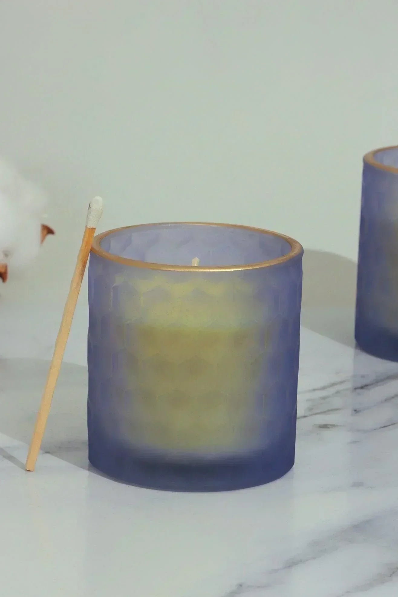 Mira Candle Co. Sandalwood Soy Wax Pair in Purple Glass — close-up view, G Decor