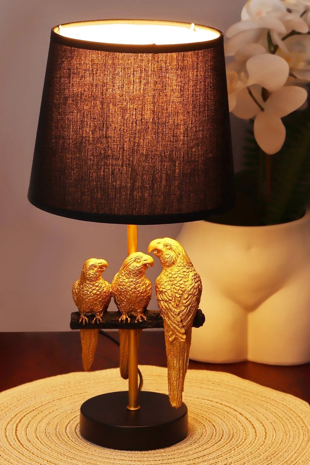 Aviary Doré Gold Parrot Bedside and Table Lamp with Black Shade — alternate view, G Decor