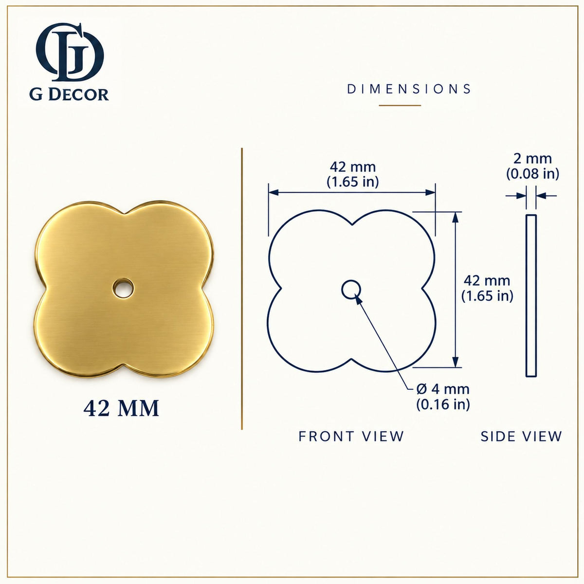 Dimension drawing, solid quatrefoil satin brass backplate, 42 x 42mm