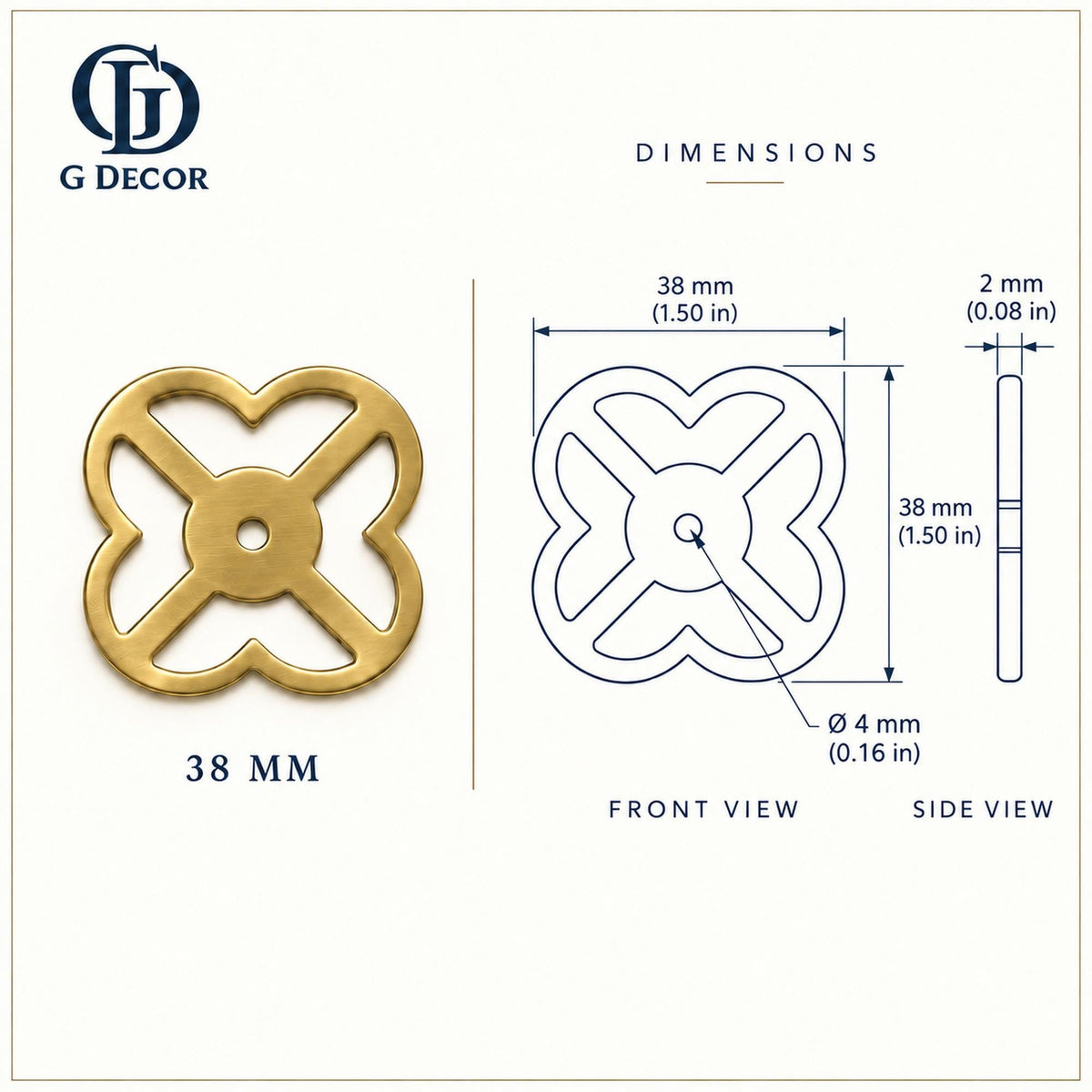 Dimension drawing, pierced openwork quatrefoil satin brass backplate, 38 x 38mm