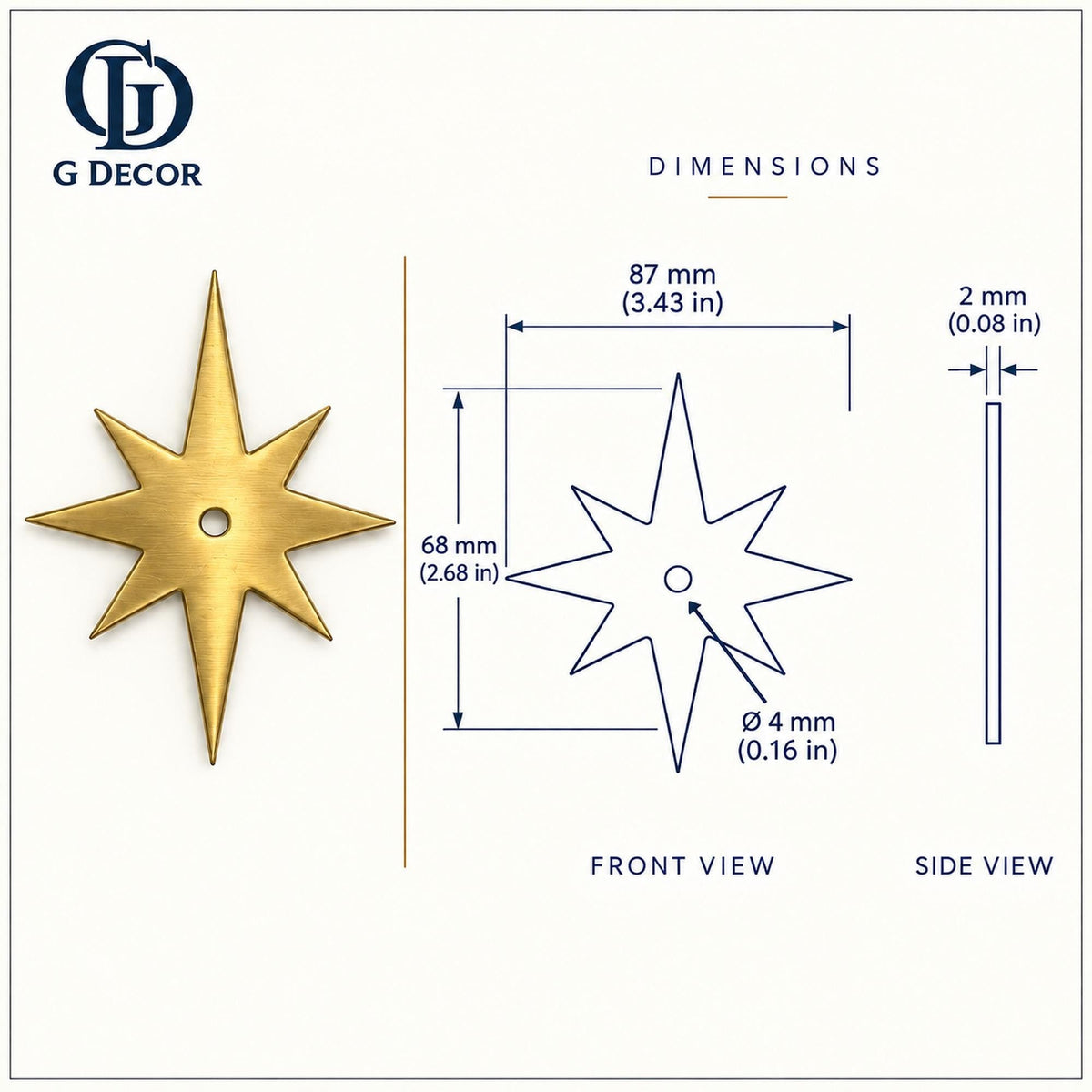 Dimension drawing, eight-point star satin brass backplate, 87 x 68mm
