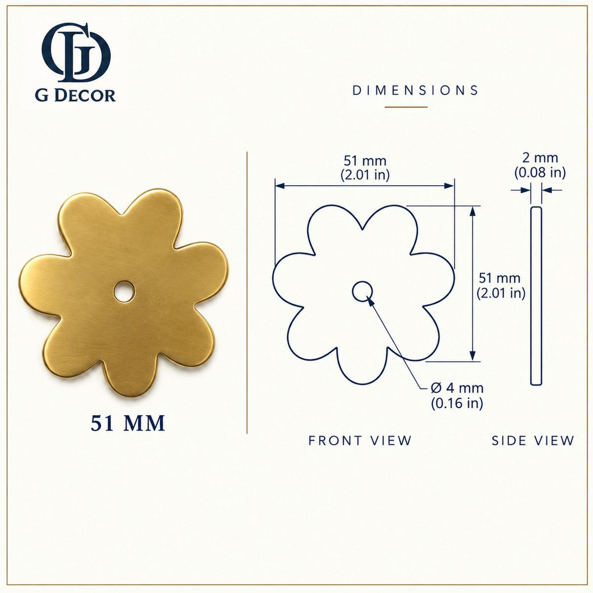 Dimension drawing, flower satin brass backplate, 51 x 51mm
