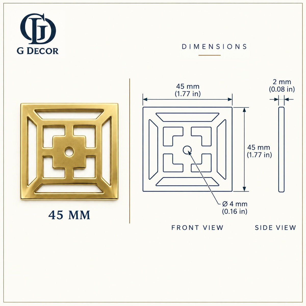 Dimension drawing, square fretwork satin brass backplate, 45 x 45mm
