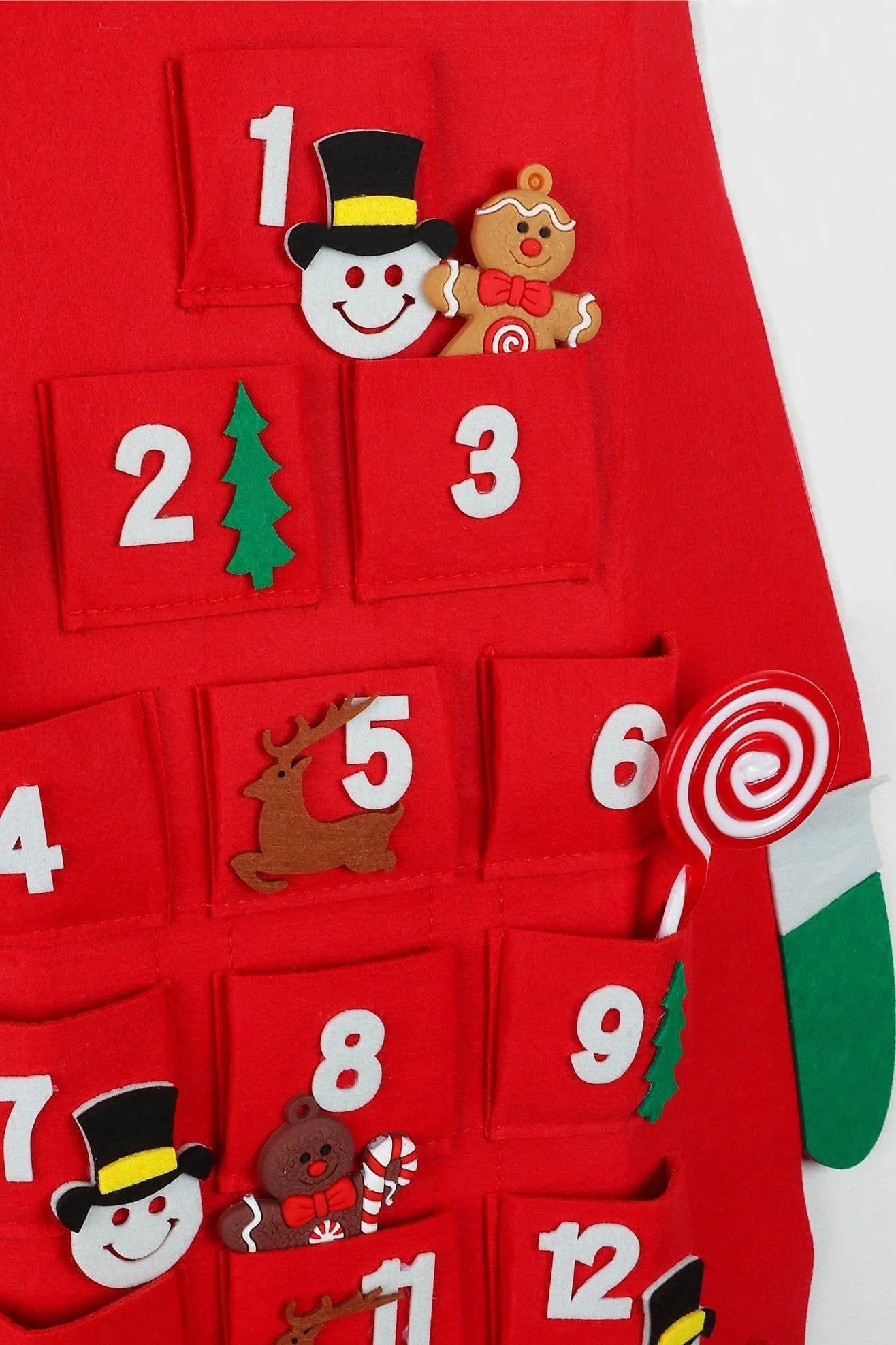 Jolly XL Wall Santa Felt Reusable Advent Calendar in Red — close-up view, G Decor