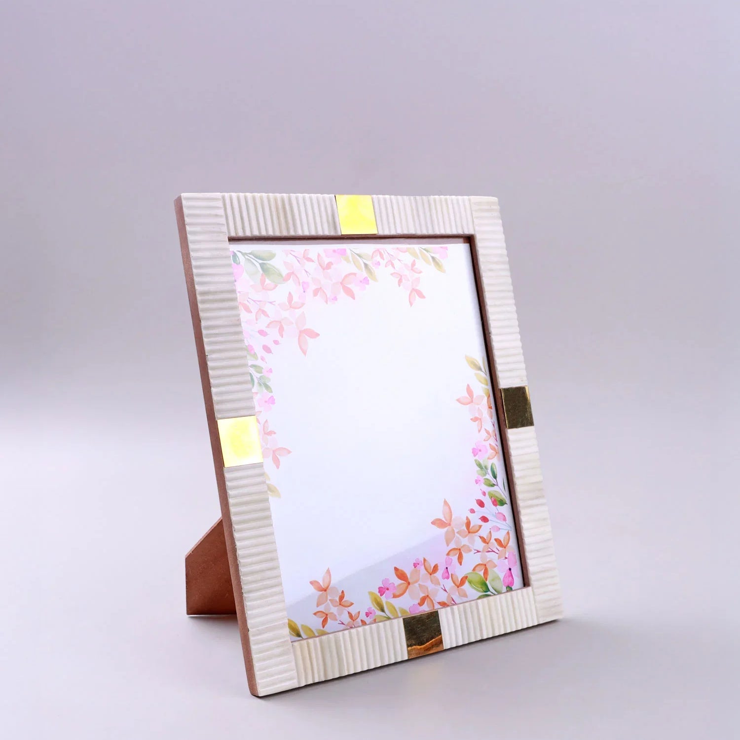 Julienne Handcrafted Horn Bone Photo Frame Ribbed Cream with Aged Brass Inlay Picture Display - G Decor