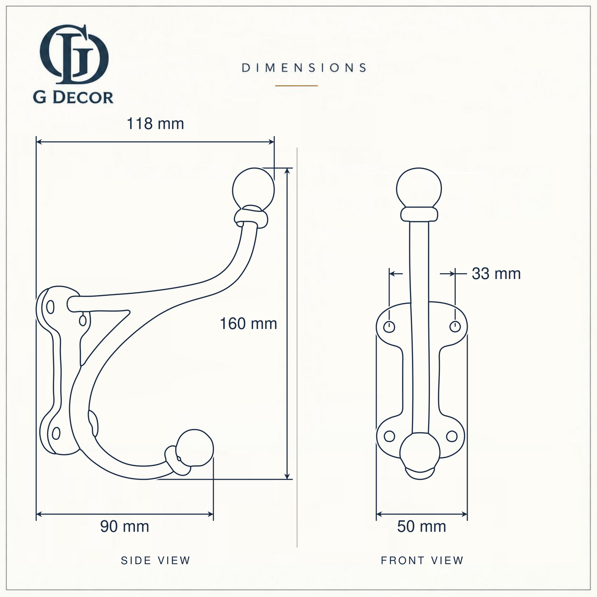 Size drawing of the large bracket hook: 160 mm (6.30 in) tall, sticks out 118 mm (4.65 in), back plate 50 mm (1.97 in) wide, screw holes 33 mm (1.30 in) apart