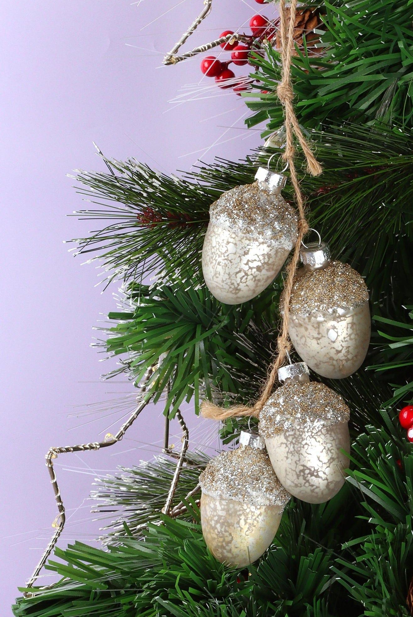 Large Glass Acorn String Garland Decoration Silver Mercury Finish with Natural Jute Twine - G Decor