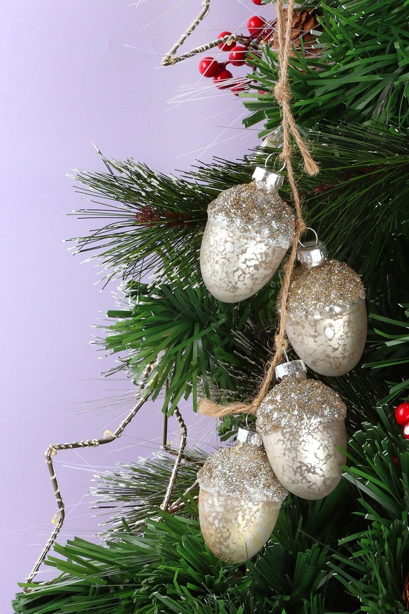 Large Glass Acorn String Garland in Silver Mercury Finish with Jute Twine — close-up view, G Decor