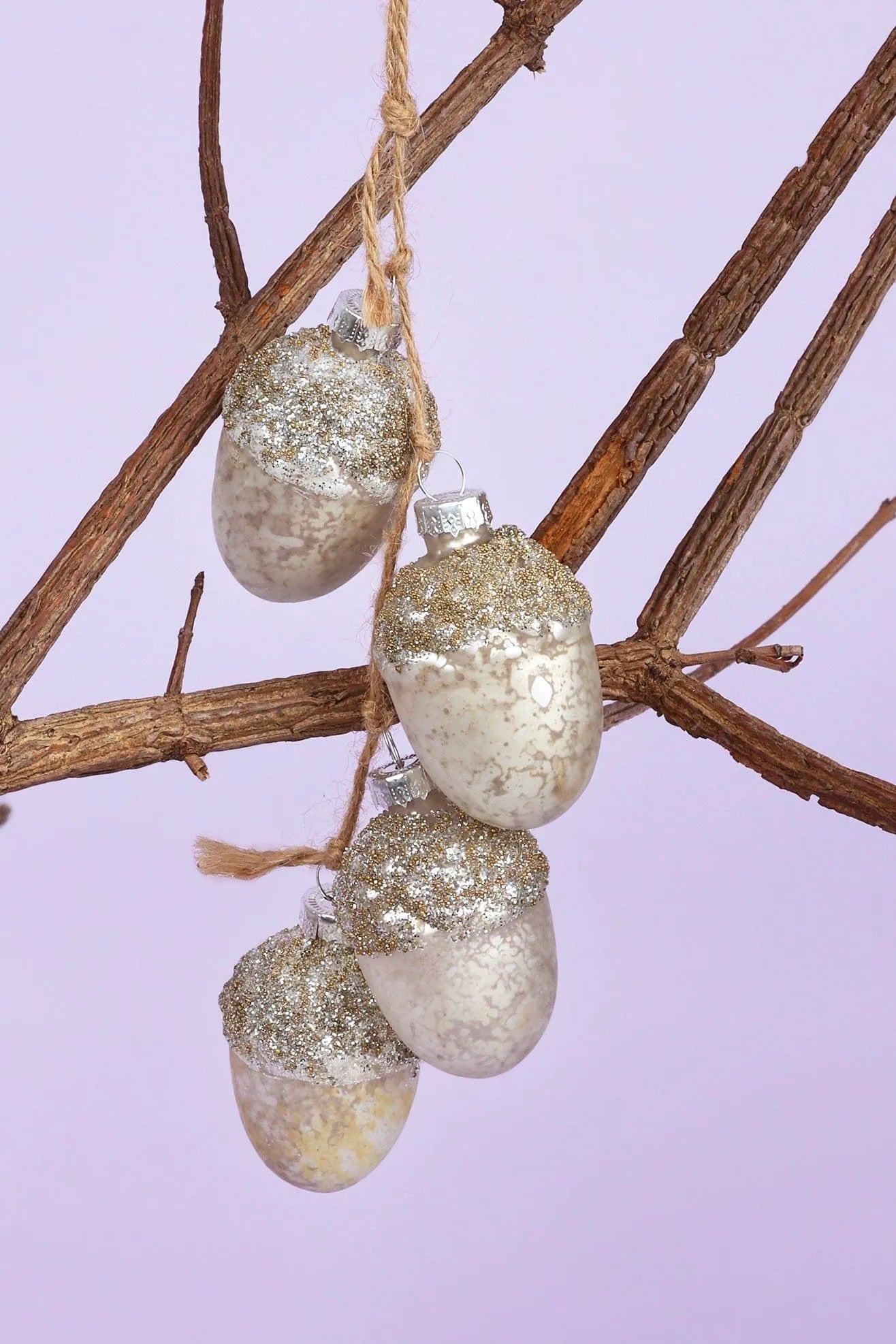 Large Glass Acorn String Garland in Silver Mercury Finish with Jute Twine — alternate view, G Decor