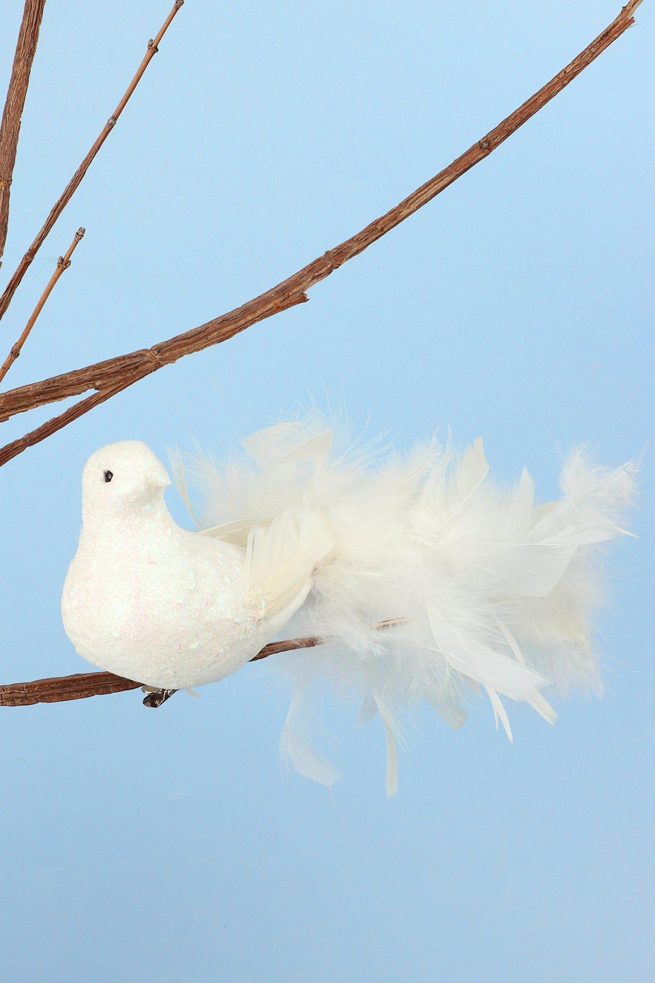 Large Life-Size Hand-Finished White Dove Clip-On Bird Christmas Decoration Sparkly Finish & Flowing Feather Tail - G Decor
