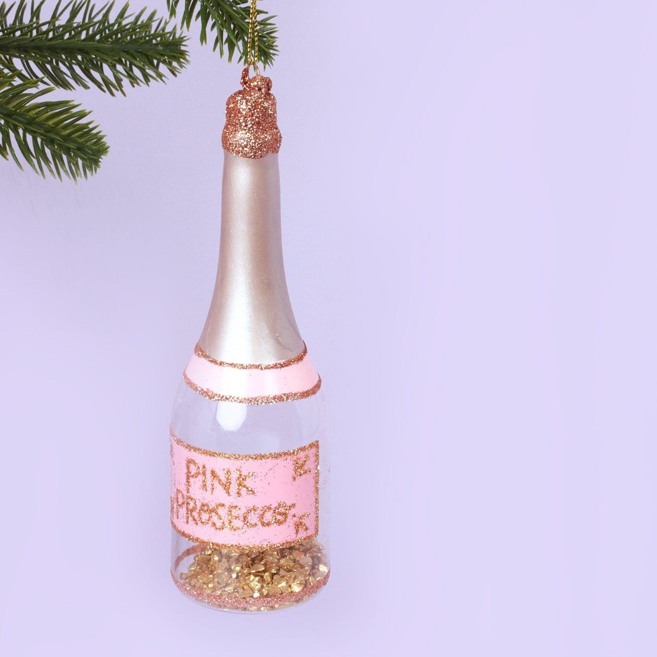 Large Pink Prosecco Celebration Bottle Handpainted Hanging Ornament Sparkling Tree Bauble with Gold Flakes Decoration - G Decor