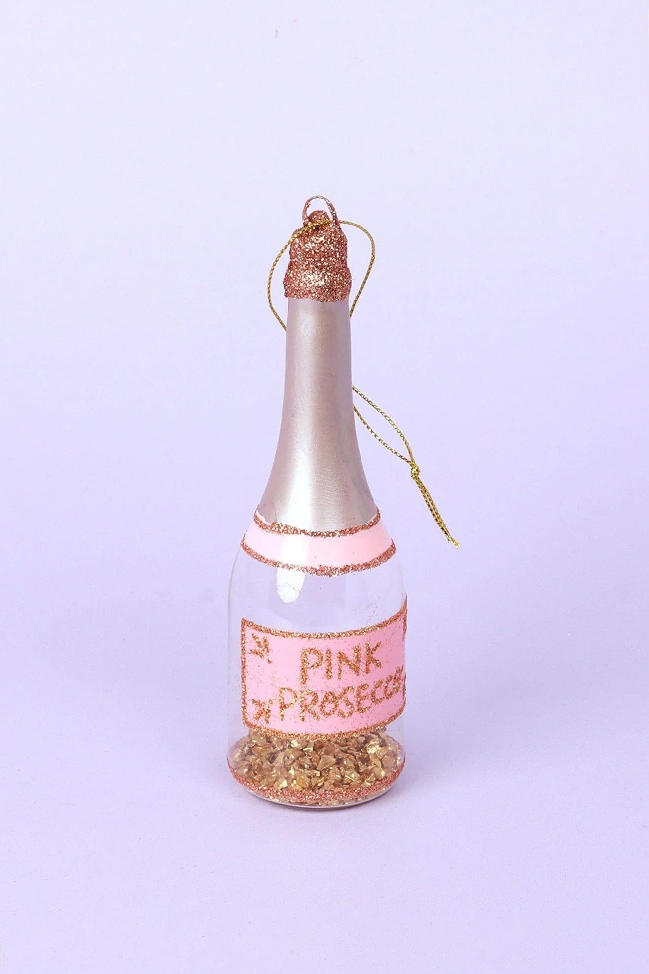 Large Pink Prosecco Bottle Hand-Painted Glass Bauble with Gold Flakes — close-up view, G Decor