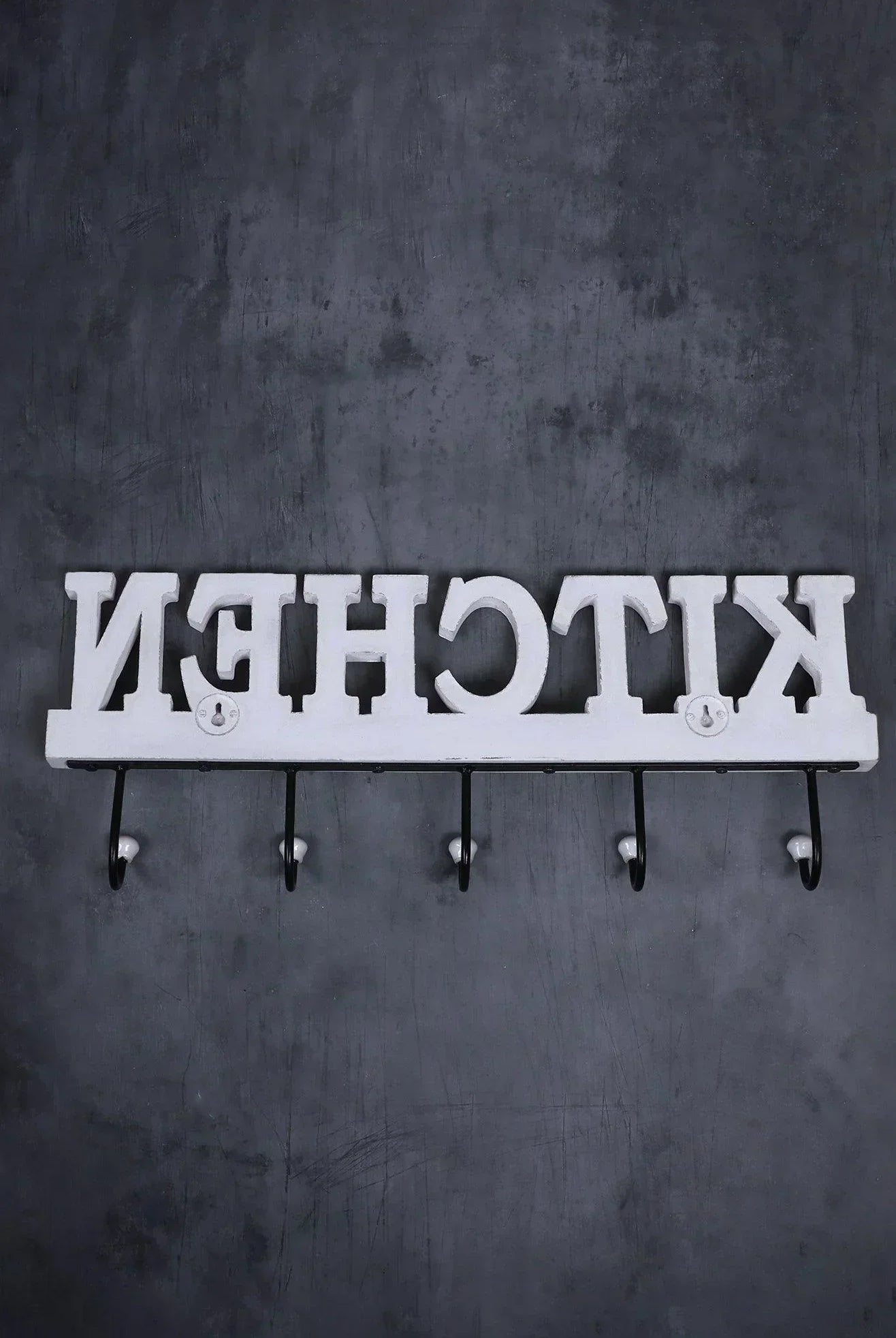 Large Wall-Mounted Kitchen Hook Rack Rustic White Lettered Towel & Utensil Holder - G Decor