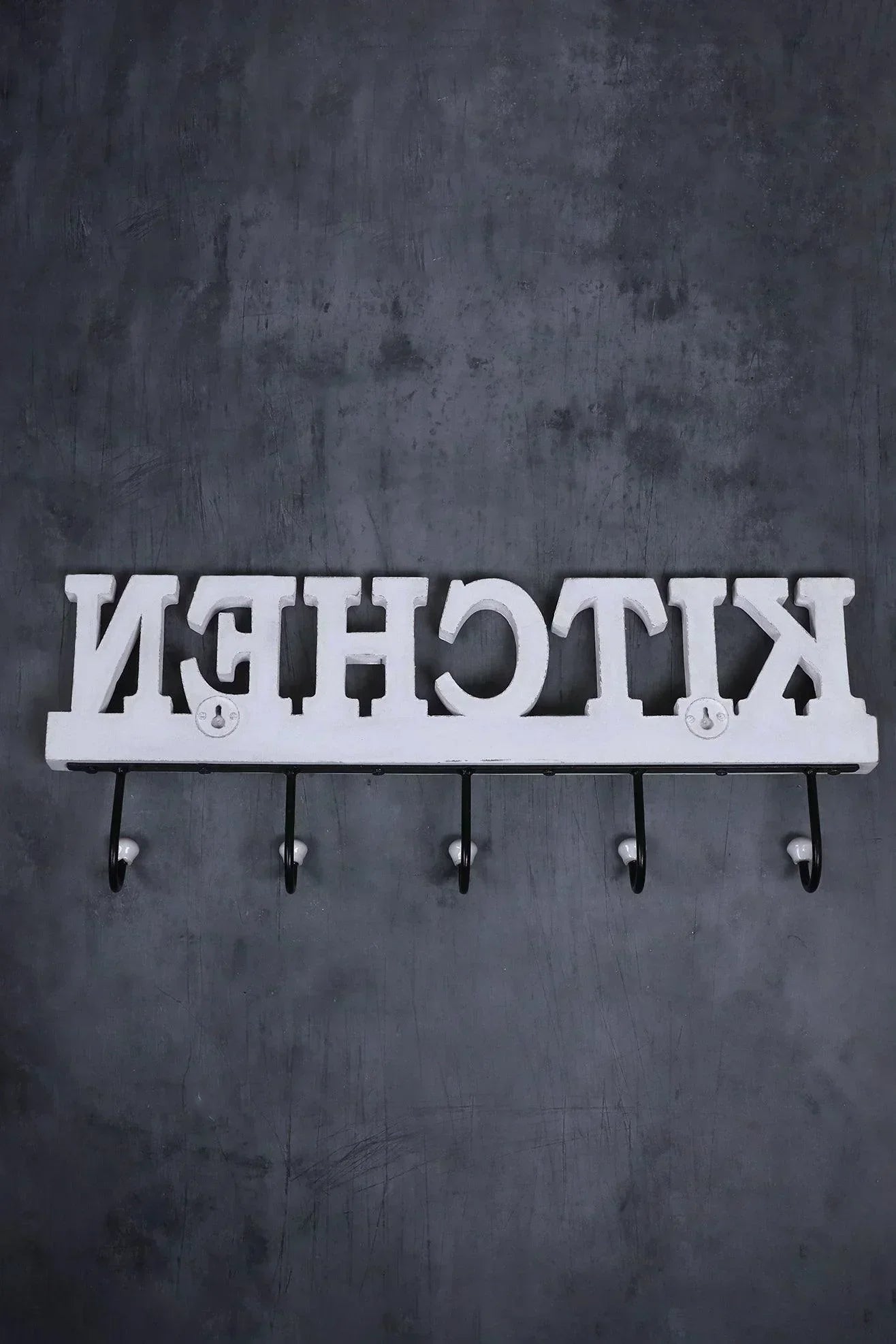 Large Wall-Mounted Kitchen Hook Rack Rustic White Lettered Towel & Utensil Holder - G Decor