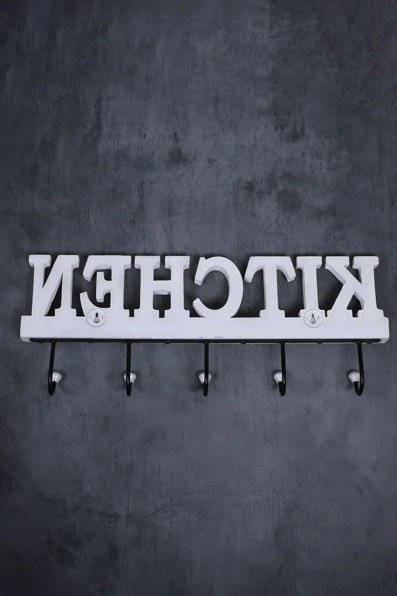 Large Wall-Mounted Kitchen Hook Rack Rustic White Lettered Towel & Utensil Holder - G Decor