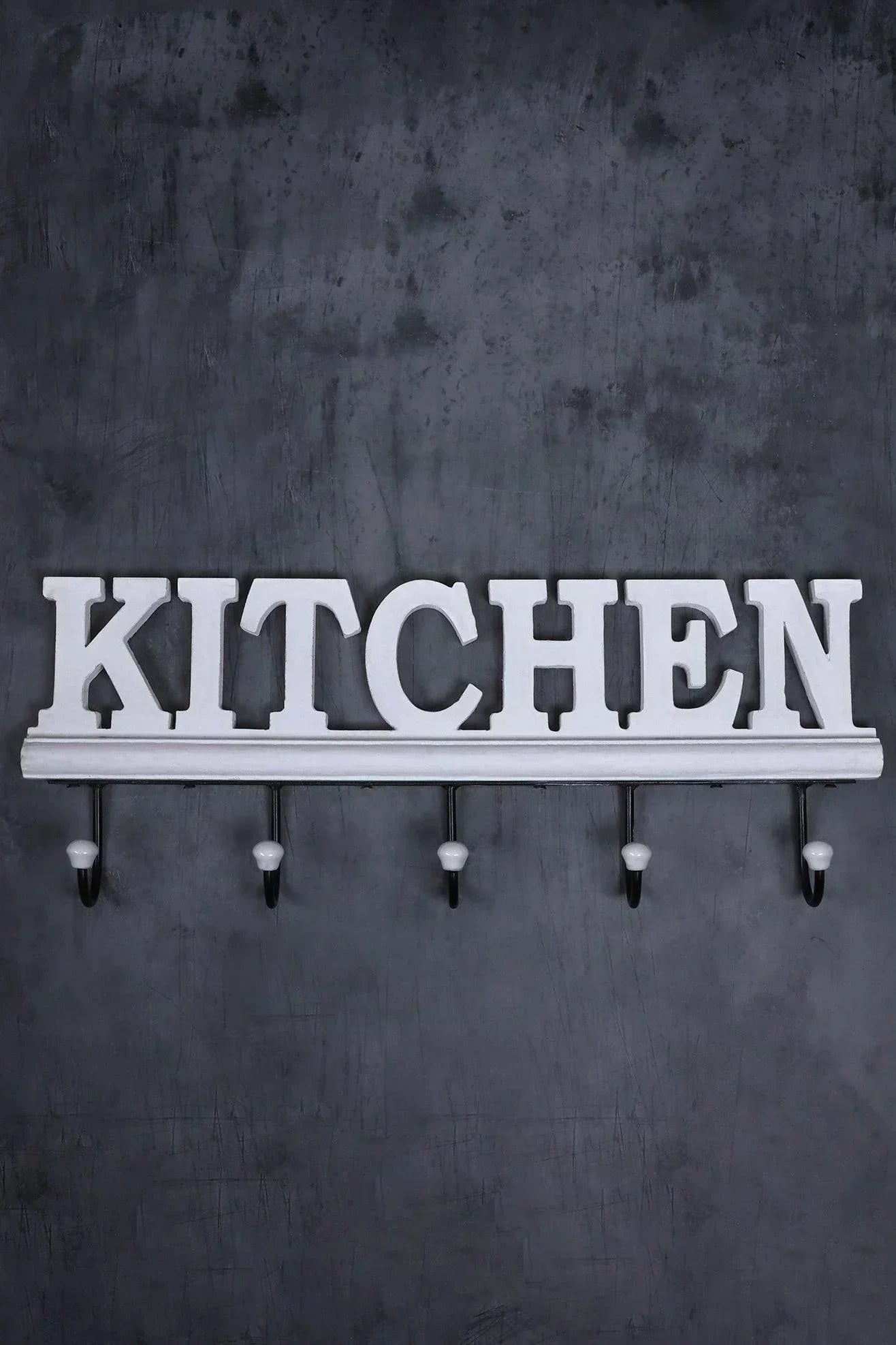 Large Wall-Mounted Kitchen Hook Rack Rustic White Lettered Towel & Utensil Holder - G Decor