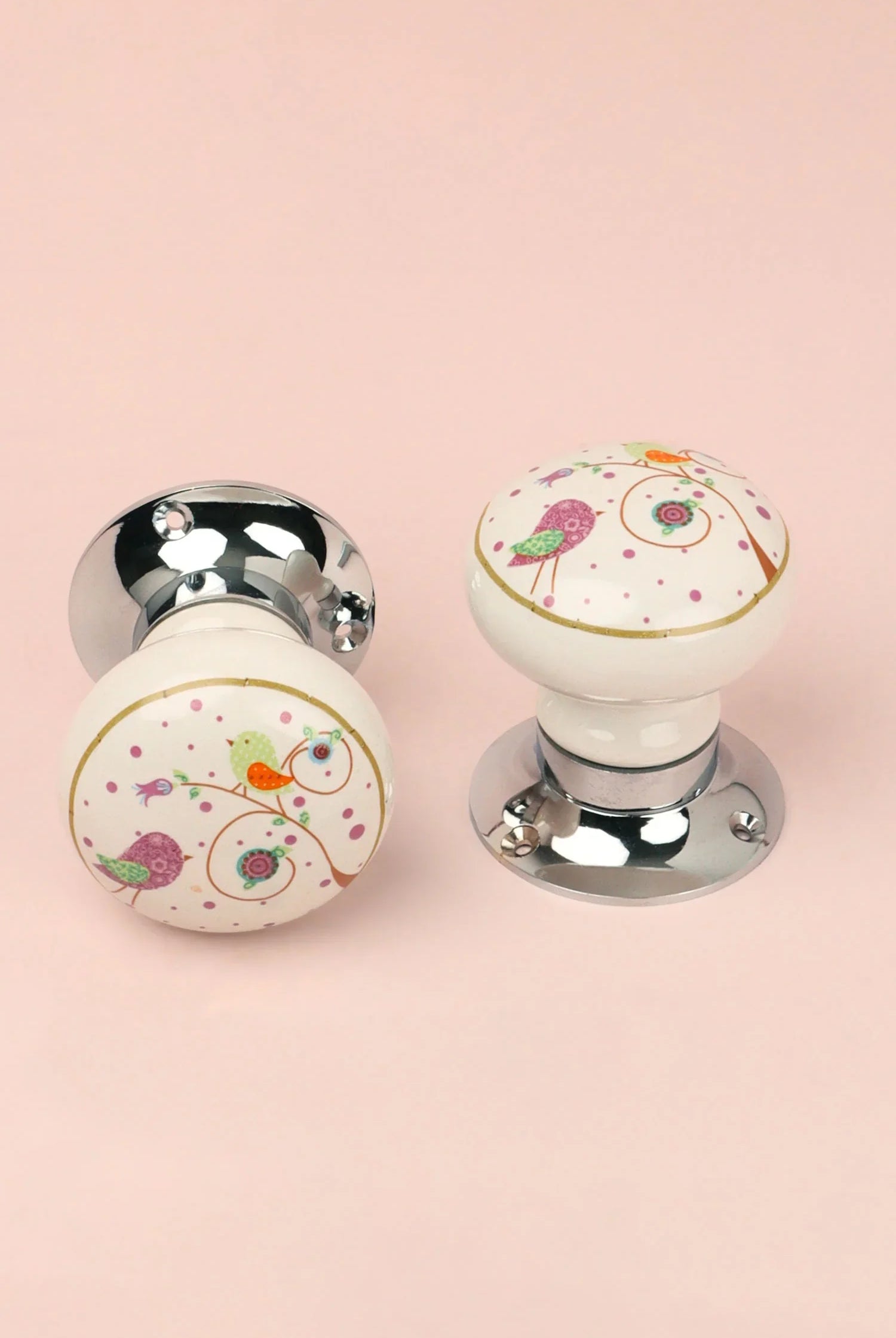 Little Garden Birds Ceramic Mortice Door Knobs Set – Handcrafted for Interior Doors with Chrome Base, Ideal for Kids’ Rooms & Nature Homes - G Decor