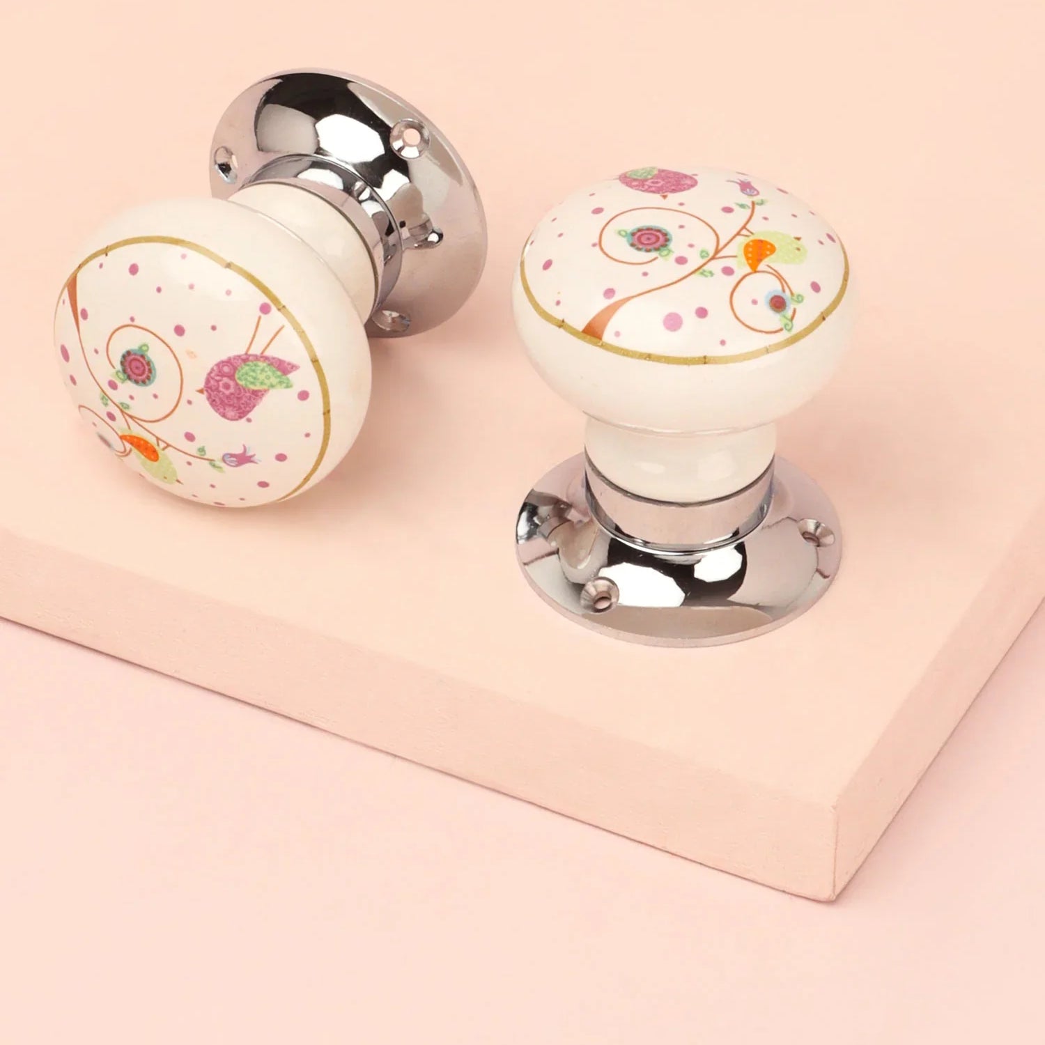 Little Garden Birds Ceramic Mortice Door Knobs Set – Handcrafted for Interior Doors with Chrome Base, Ideal for Kids’ Rooms & Nature Homes - G Decor