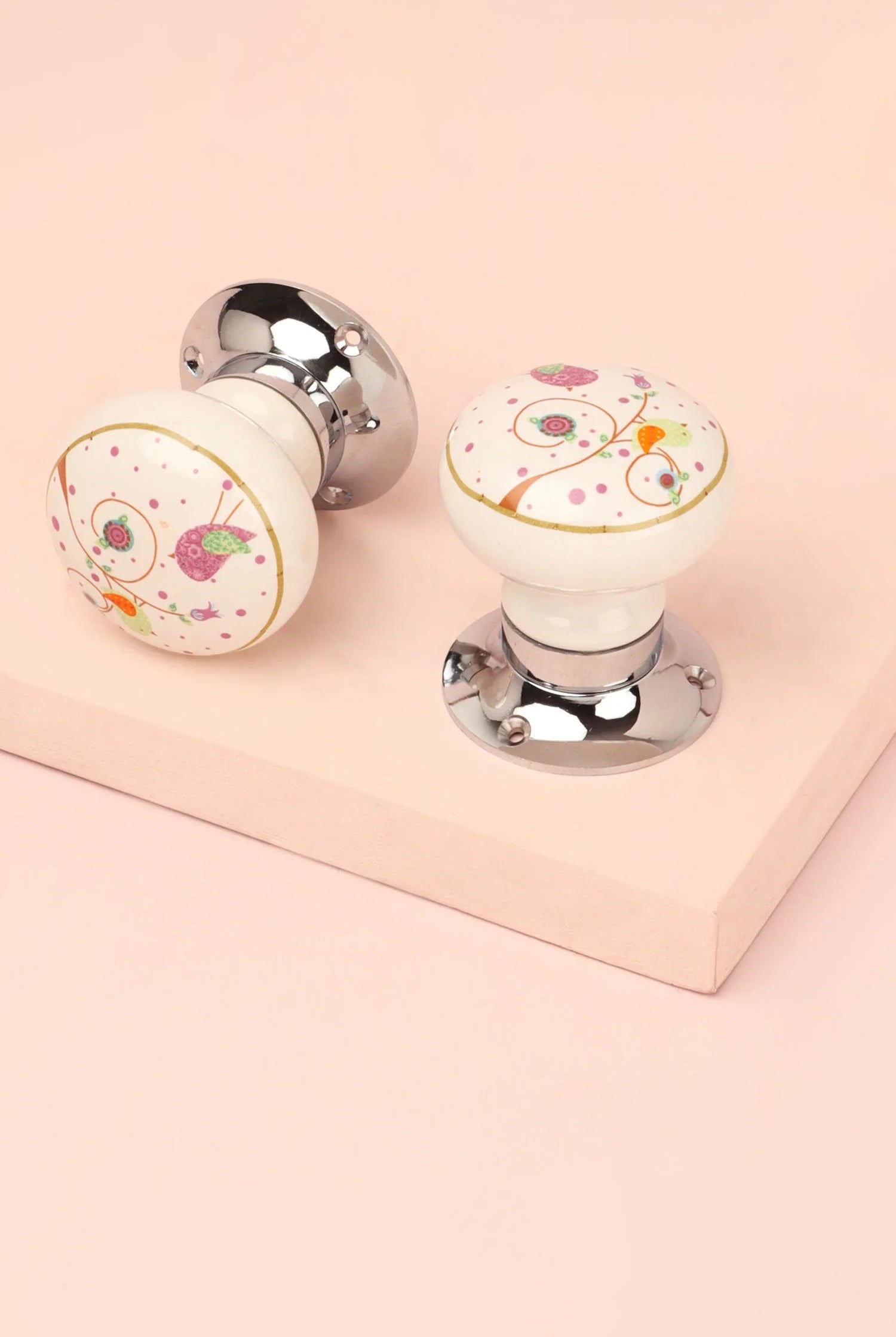Little Garden Birds Ceramic Mortice Door Knobs Set – Handcrafted for Interior Doors with Chrome Base, Ideal for Kids’ Rooms & Nature Homes - G Decor
