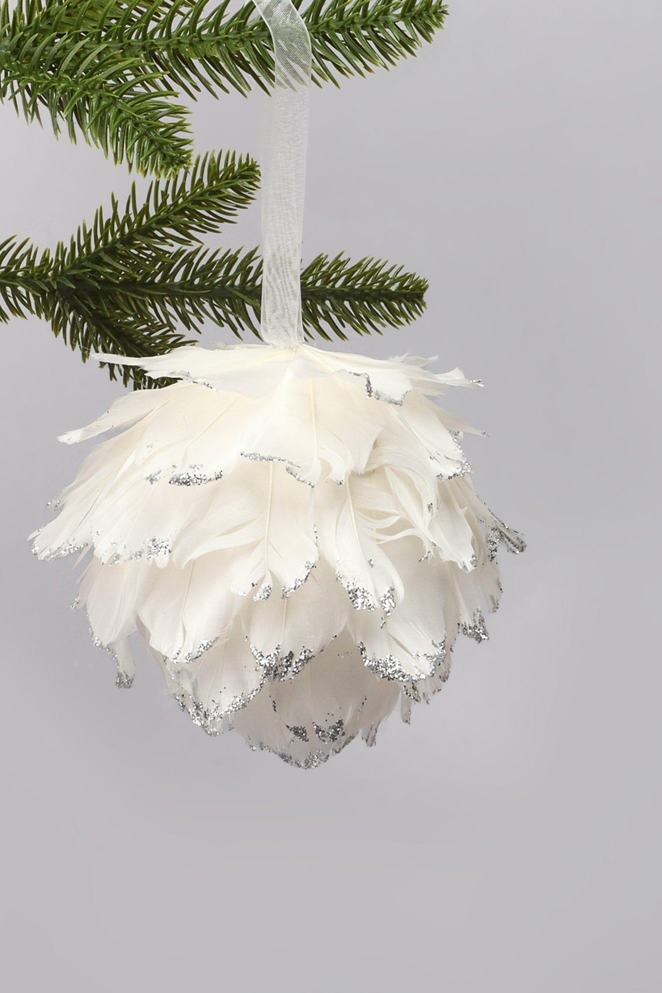 Luxurious White Feather and Silver Glitter Christmas Tree Bauble - G Decor