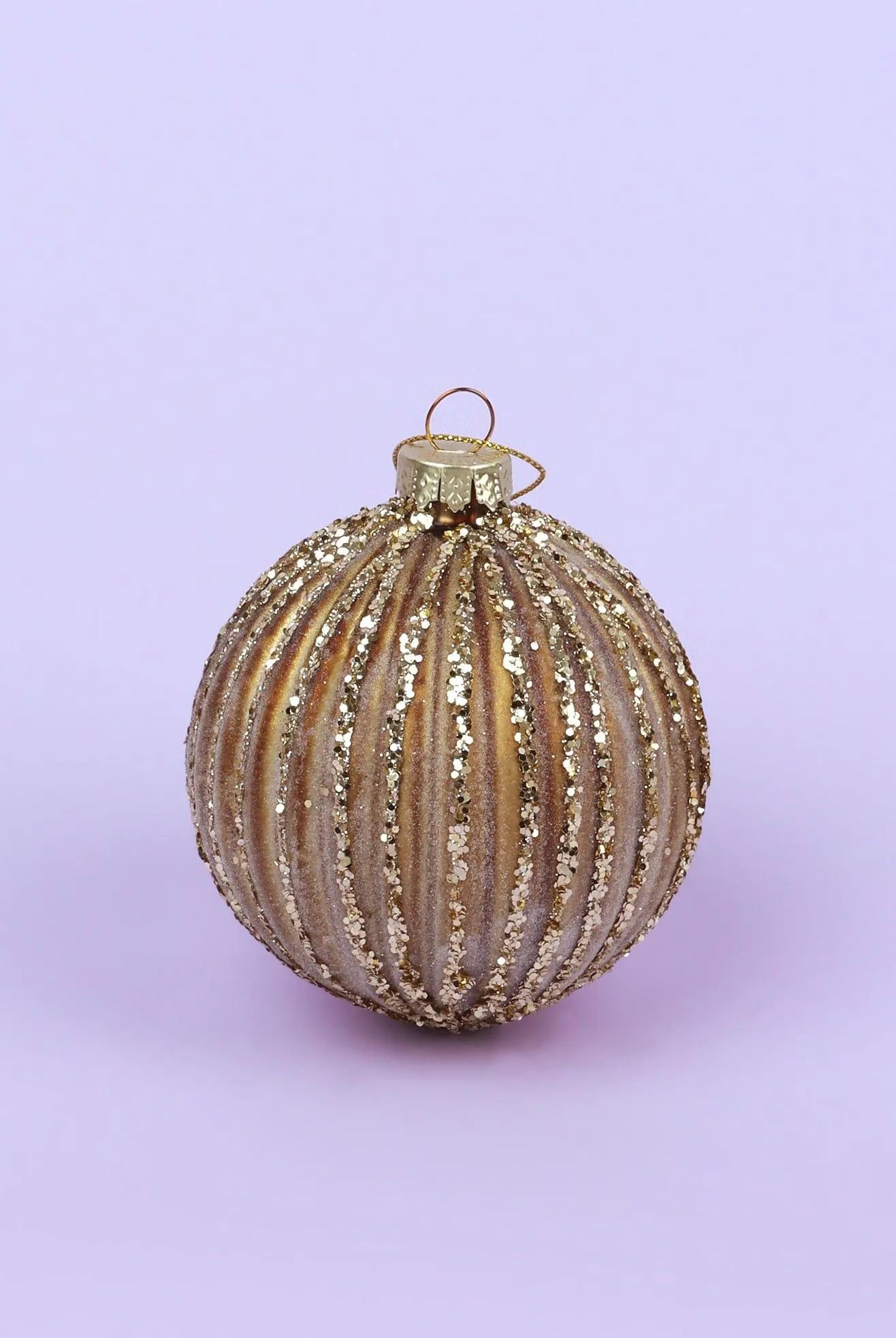Matte Gold Ribbed Christmas Tree Decorations with Glitter - G Decor
