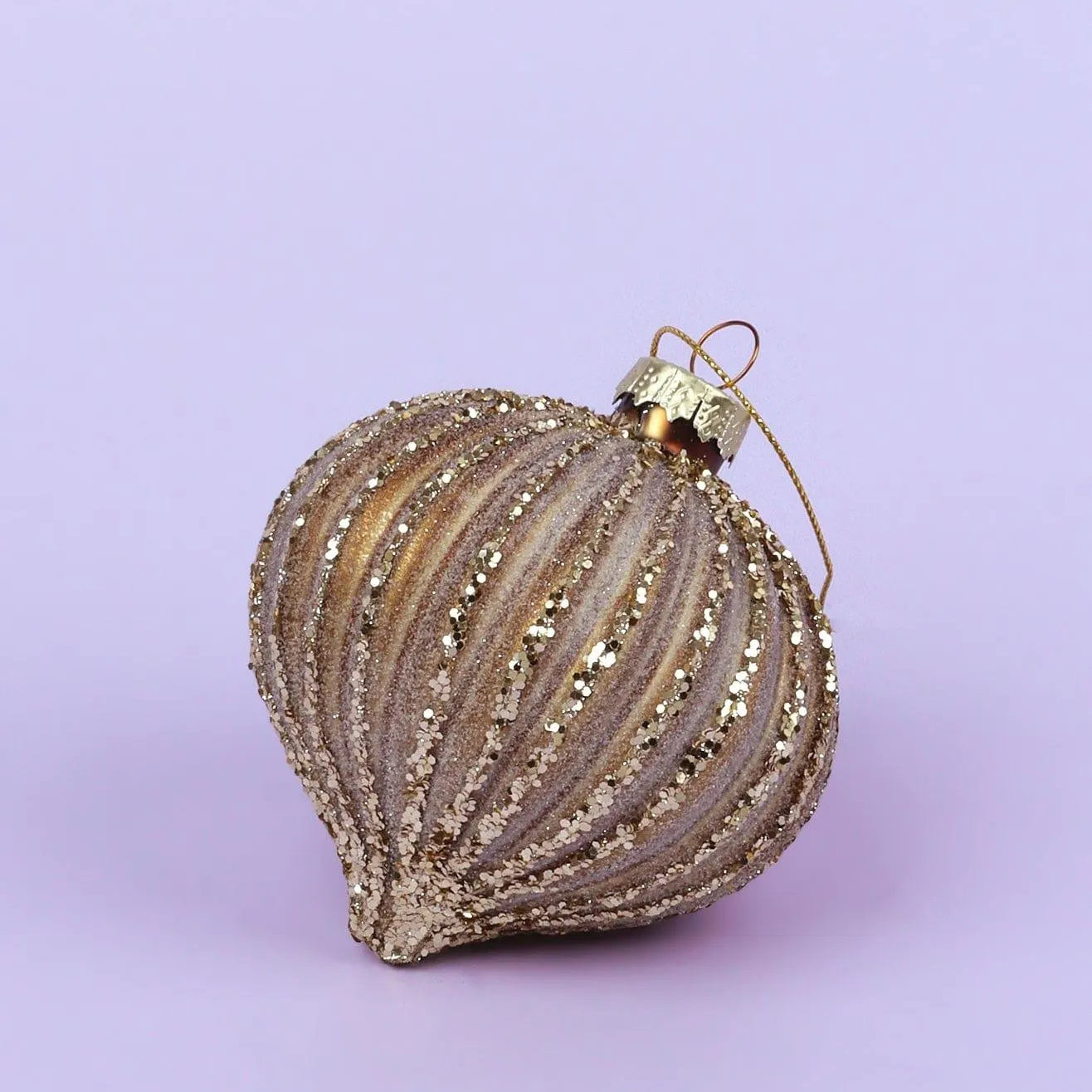 Matte Gold Ribbed Christmas Tree Decorations with Glitter - G Decor