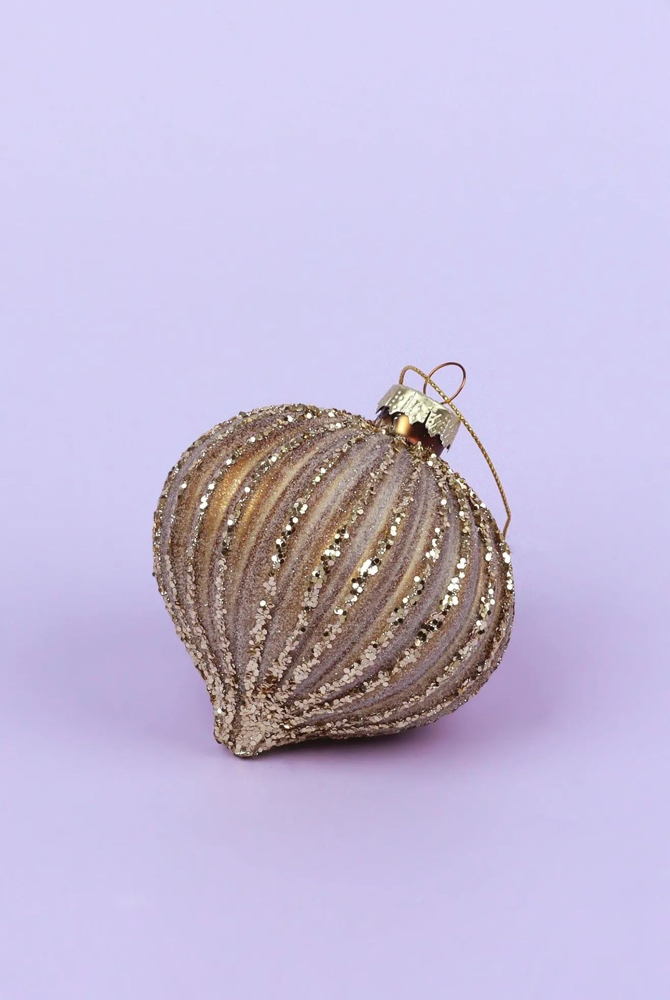 Matte Gold Ribbed Christmas Tree Decorations with Glitter - G Decor