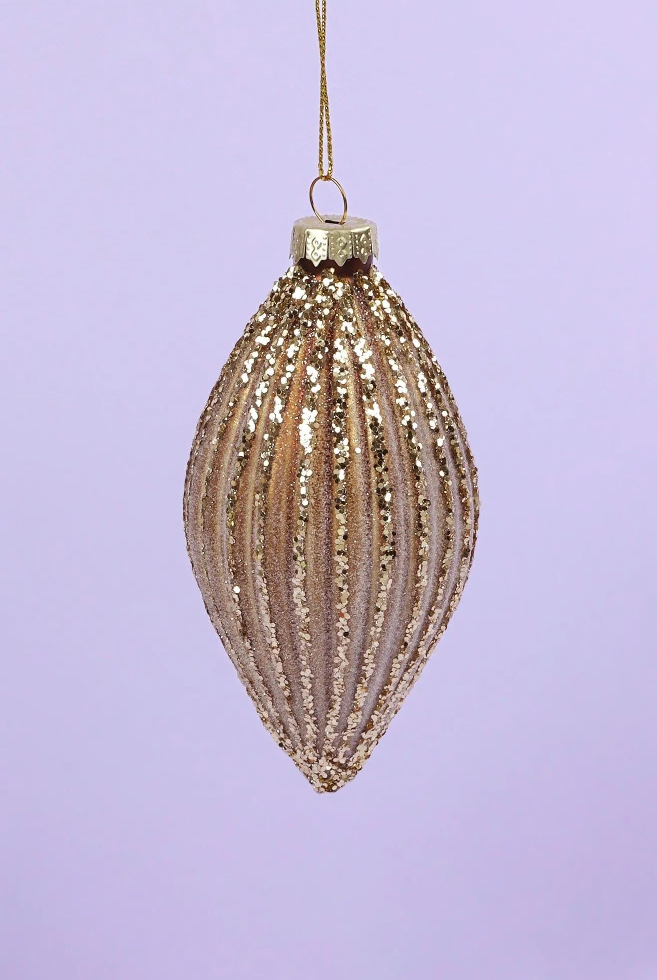 Matte Gold Ribbed Christmas Tree Decorations with Glitter - G Decor