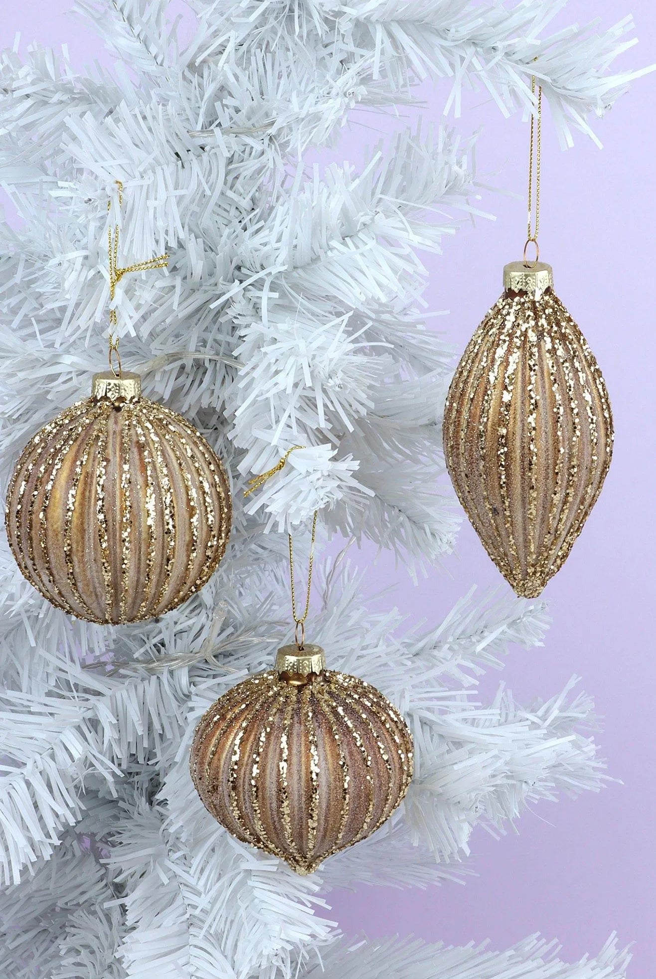 Matte Gold Ribbed Christmas Tree Decorations with Glitter - G Decor