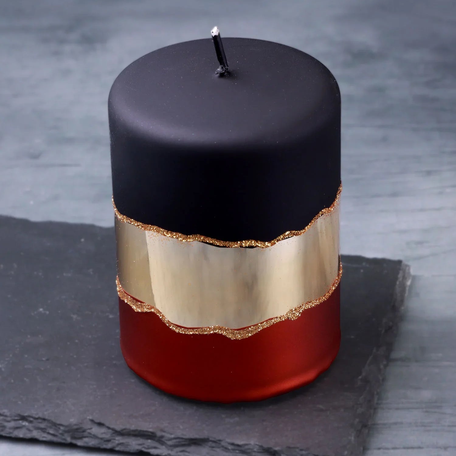 Midnight Mirror Glass Effect Limited Edition Hand-Finished Pillar Candle – Matte Black, Deep Red & Mirror Gold Embellishment - G Decor