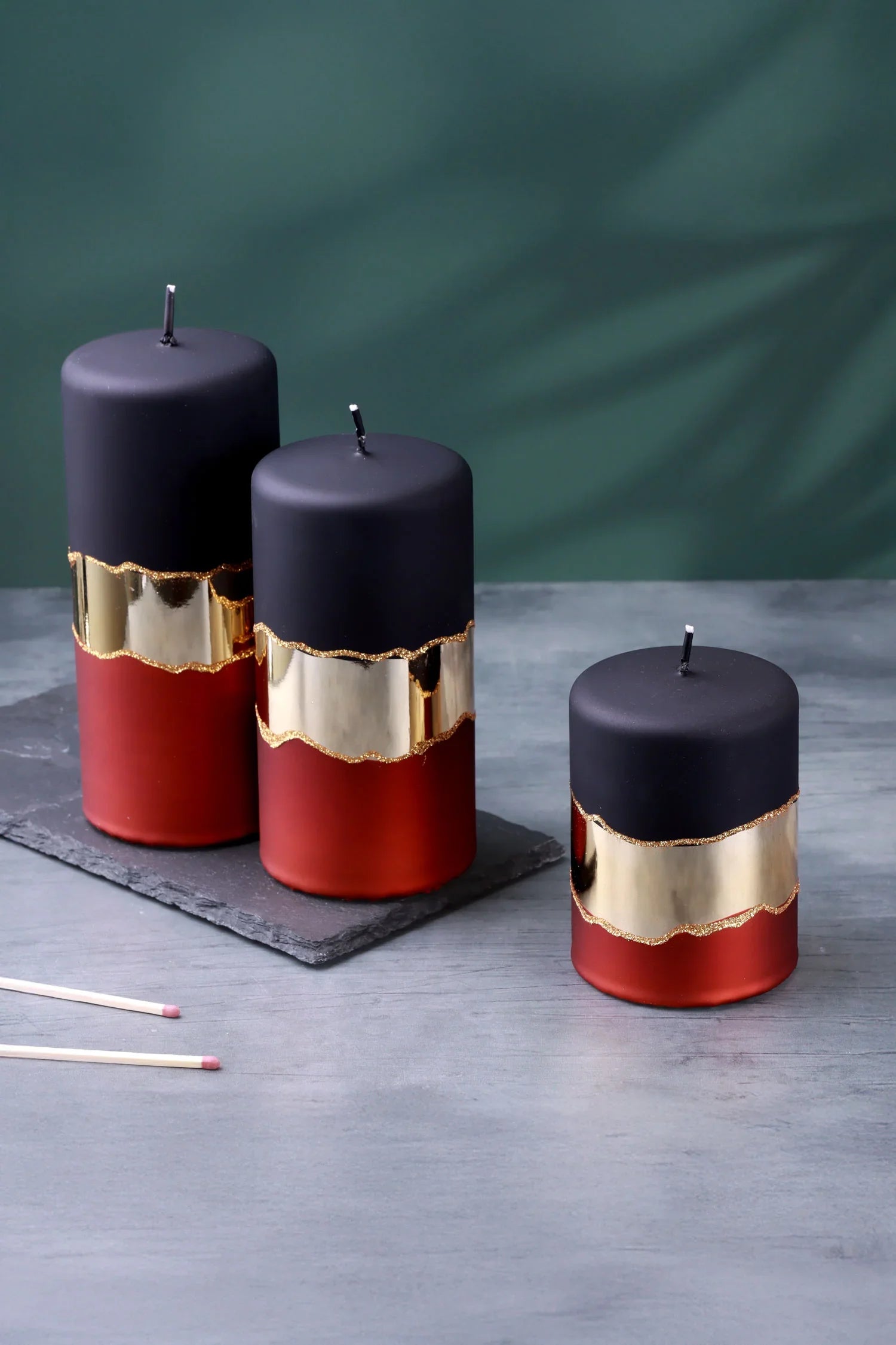 Midnight Mirror Glass Effect Limited Edition Hand-Finished Pillar Candle – Matte Black, Deep Red & Mirror Gold Embellishment - G Decor