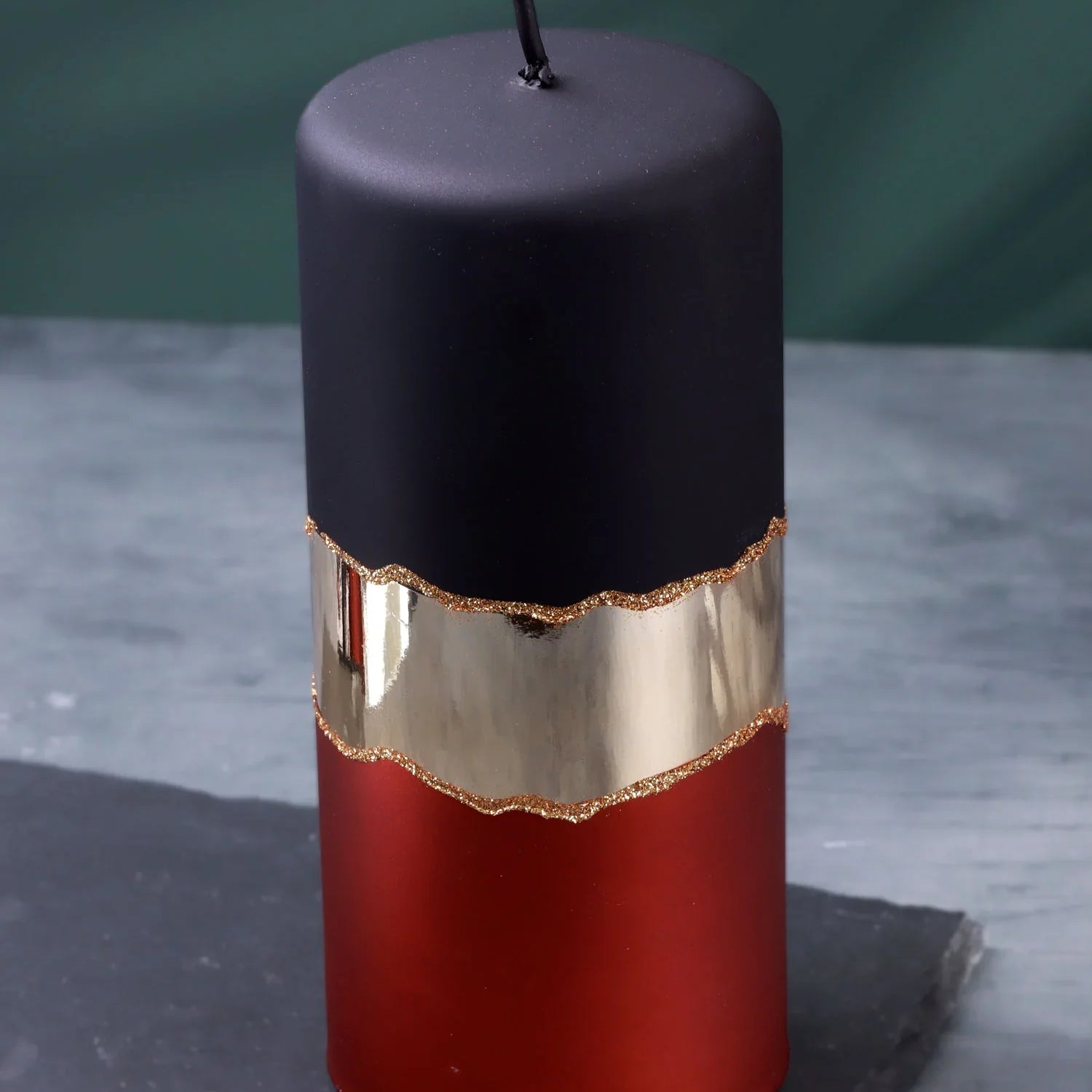 Midnight Mirror Glass Effect Limited Edition Hand-Finished Pillar Candle – Matte Black, Deep Red & Mirror Gold Embellishment - G Decor