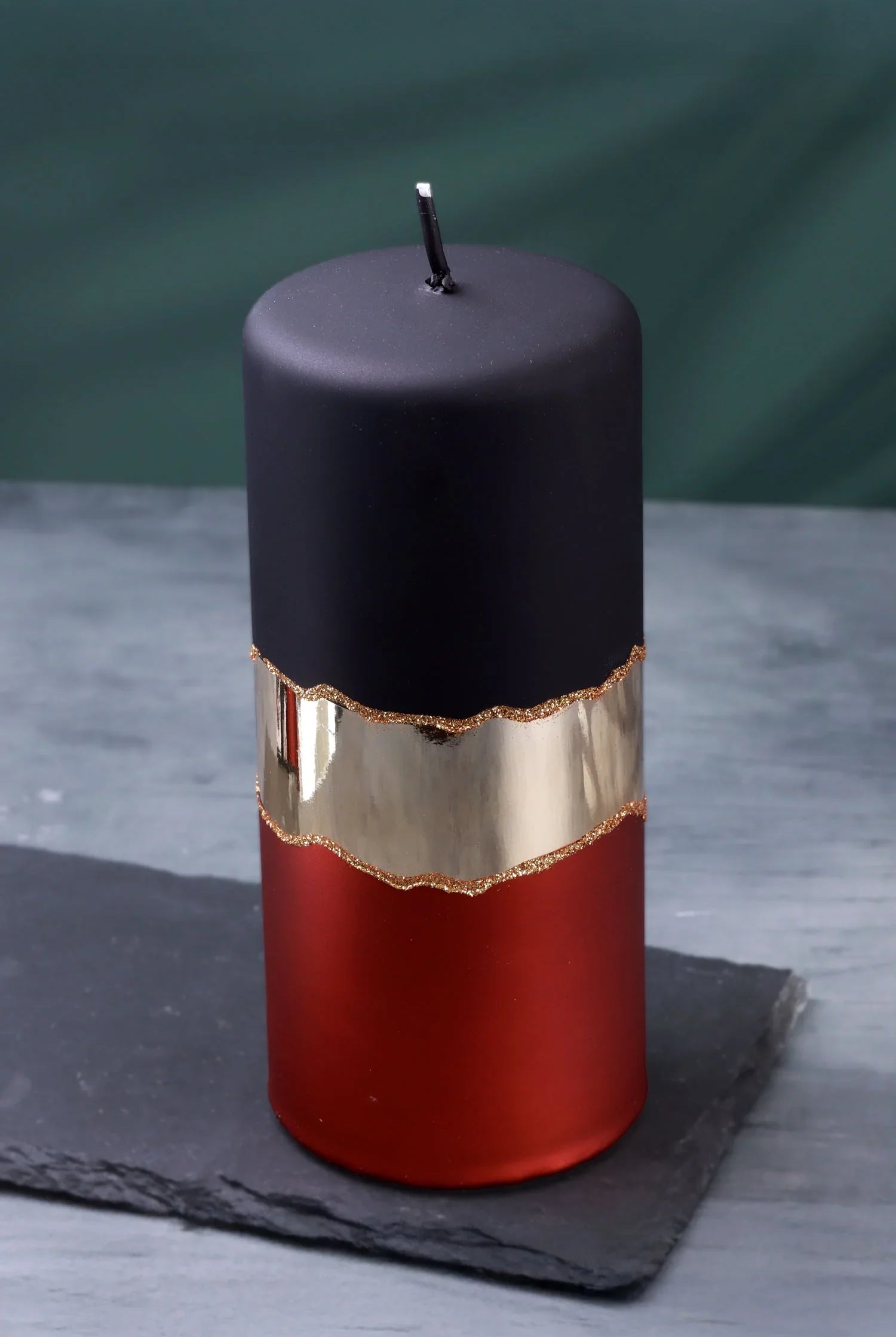 Midnight Mirror Glass Effect Limited Edition Hand-Finished Pillar Candle – Matte Black, Deep Red & Mirror Gold Embellishment - G Decor