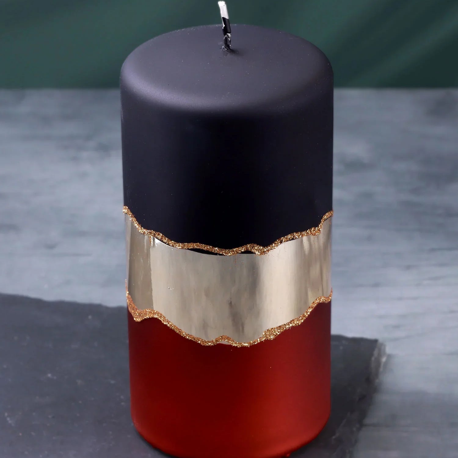 Midnight Mirror Glass Effect Limited Edition Hand-Finished Pillar Candle – Matte Black, Deep Red & Mirror Gold Embellishment - G Decor