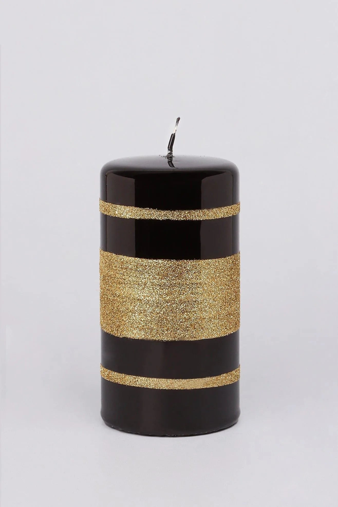 Clarae Mirror Glass Pillar and Ball Candles in Black and Gold Stripe — lifestyle view, G Decor