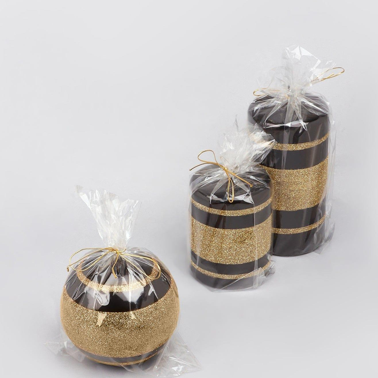 Mirror Glass Effect Clarae Limited Edition Hand-Finished Black & Gold Stripe Glitter Pillar & Ball Candles - G Decor