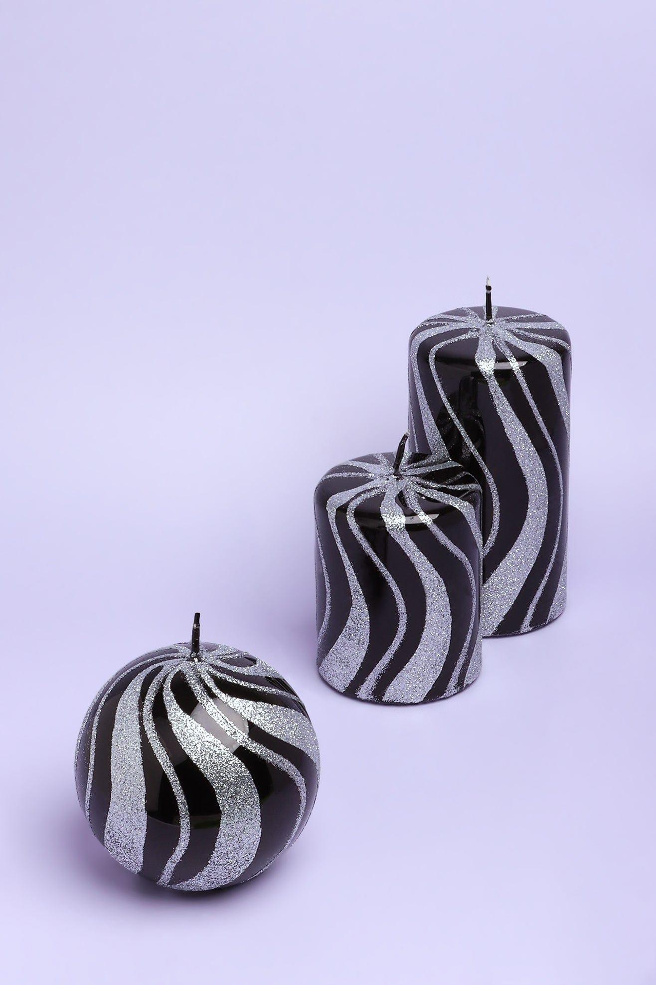 Mirror Glass Effect Limited Edition Hand-Finished Black & Silver Glitter Pillar & Ball Candles - G Decor