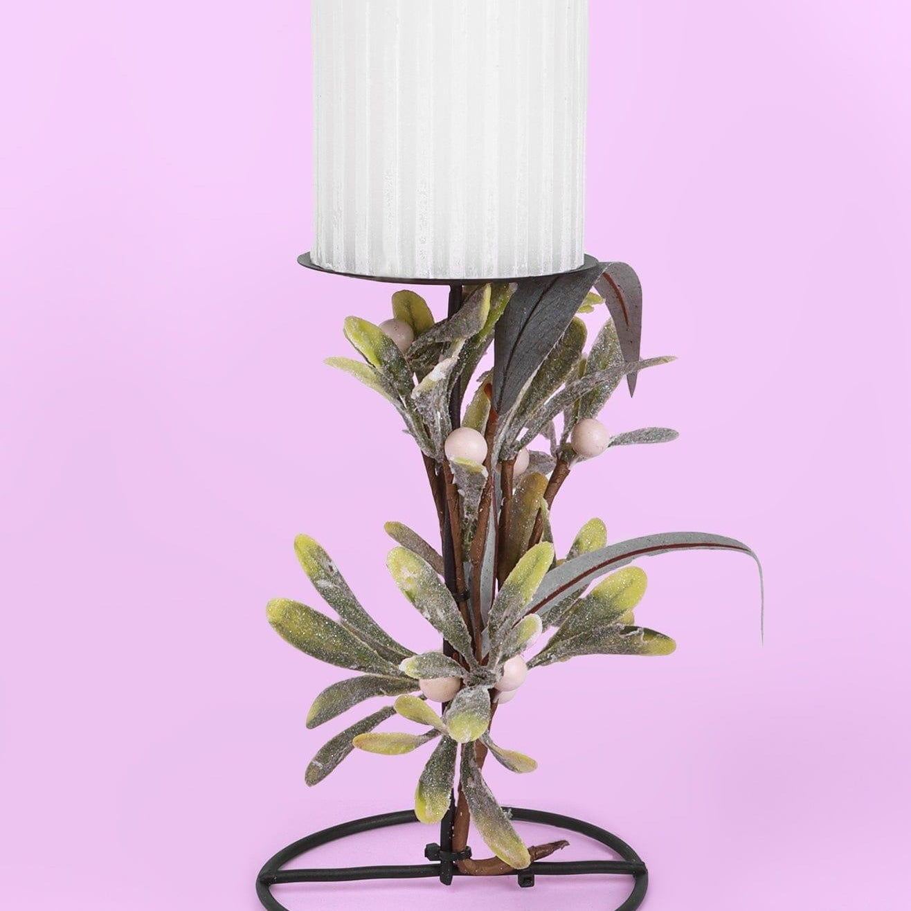 Mistletoe Pillar Candle Holder Tall Festive Centrepiece with Frosted Leaves & Berries - G Decor
