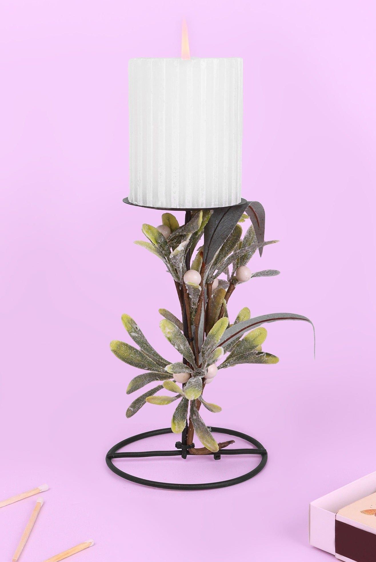 Mistletoe Pillar Candle Holder Tall Festive Centrepiece with Frosted Leaves & Berries - G Decor