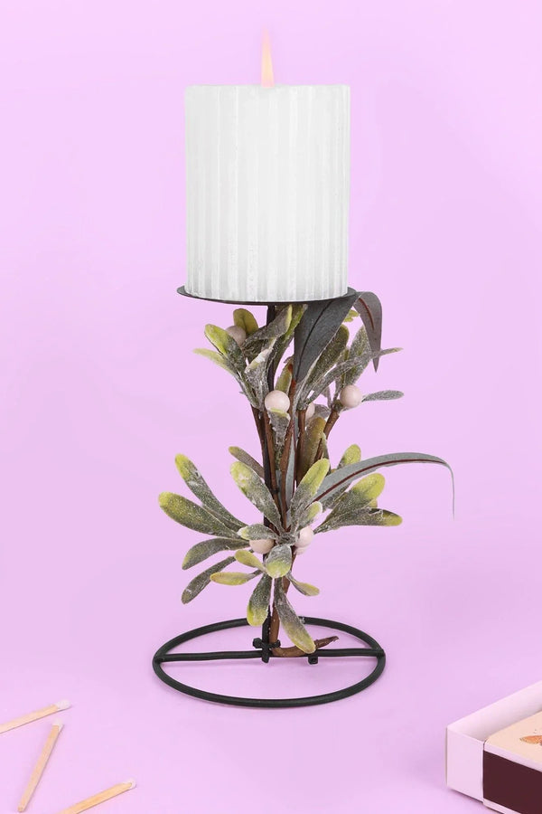 Bougeoir haut Mistletoe avec feuilles et baies givrées