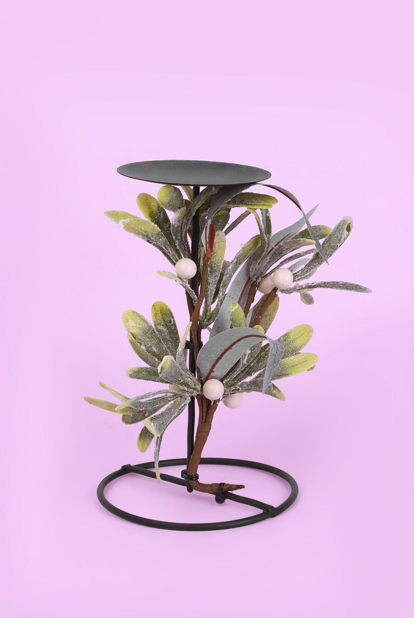 Mistletoe Pillar Candle Holder Tall Festive Centrepiece with Frosted Leaves & Berries - G Decor