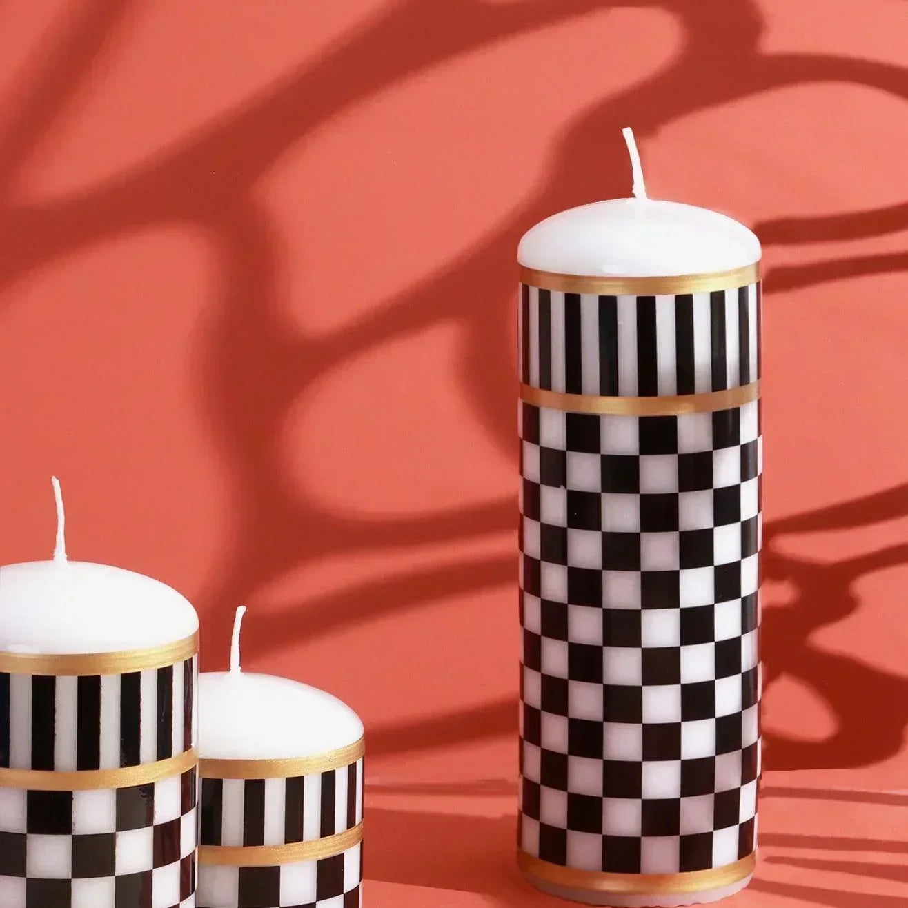 Monochrome Check Luxe Pillar Candle Black & White with Gold Accent - G Decor