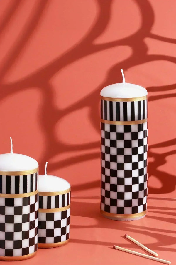 Monochrome Check Luxe Pillar Candle in Black and White with Gold