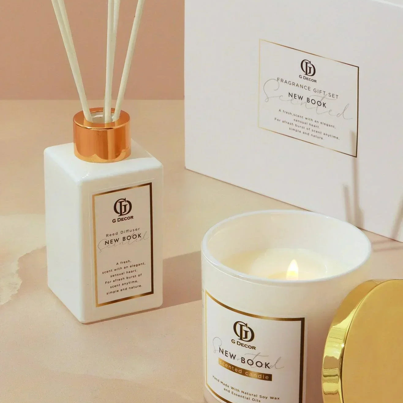 “New Book” Signature Hand-Poured Soy Wax Candle & Diffuser Gift Set Fresh Floral Scent in White & Gold - G Decor