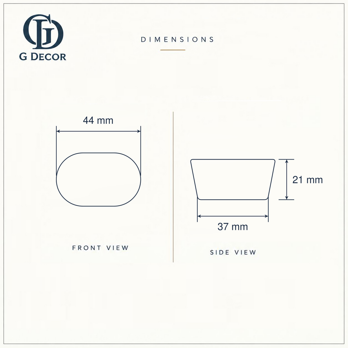 Size drawing of the oval ceramic knob: 44 mm wide, 37 mm wide at the base, 21 mm from the door