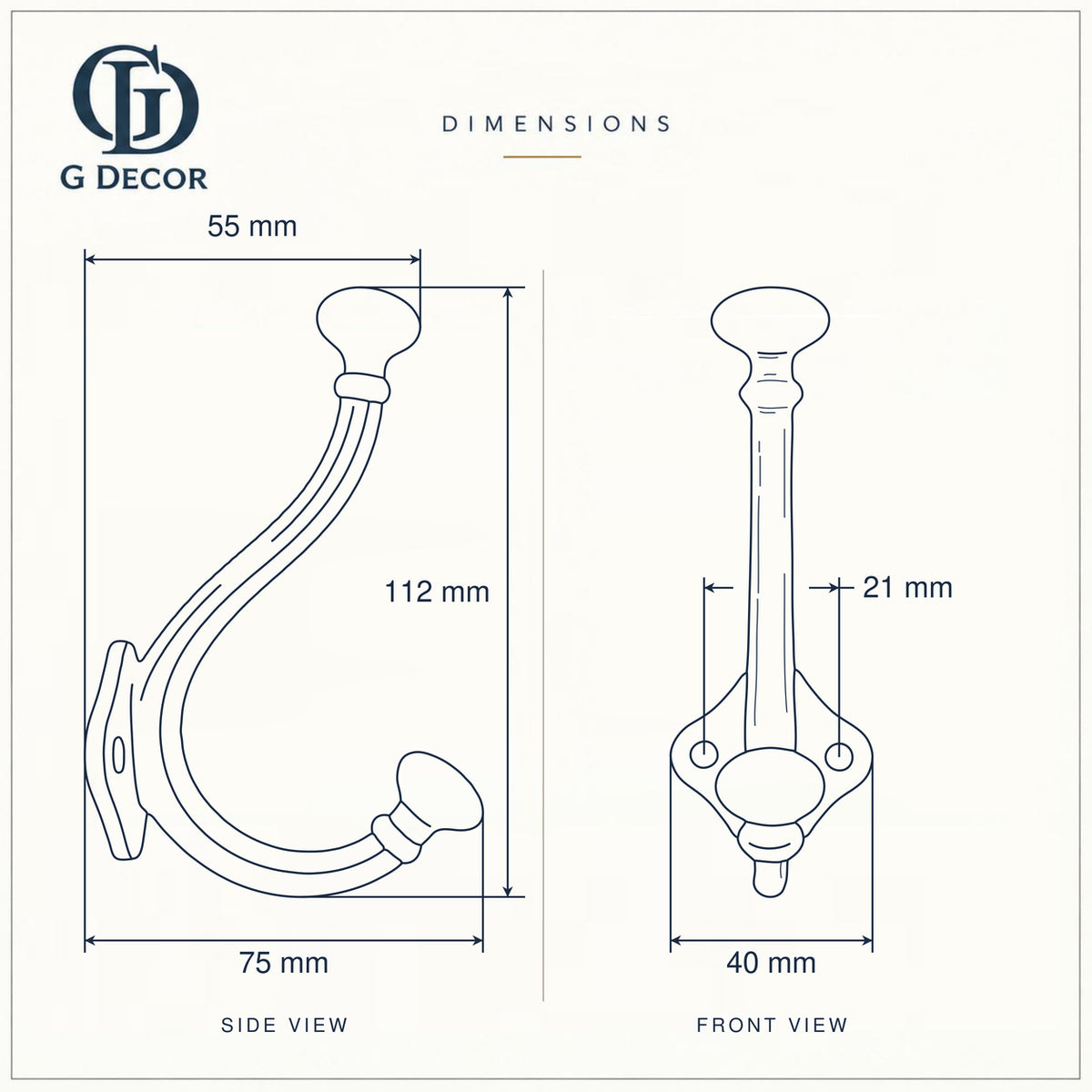 Size drawing of the oval knob hook: 112 mm (4.41 in) tall, sticks out 75 mm (2.95 in), back plate 40 mm (1.57 in) wide, screw holes 21 mm (0.83 in) apart