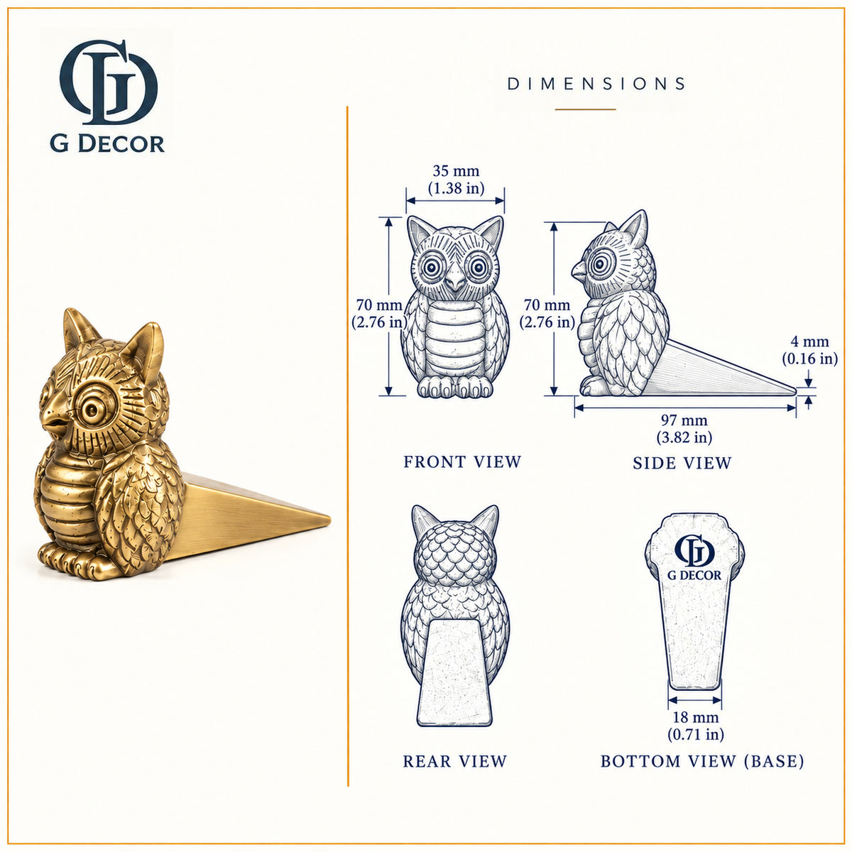 Size drawing of the owl door stopper: 70 mm high, 97 mm long, 35 mm wide